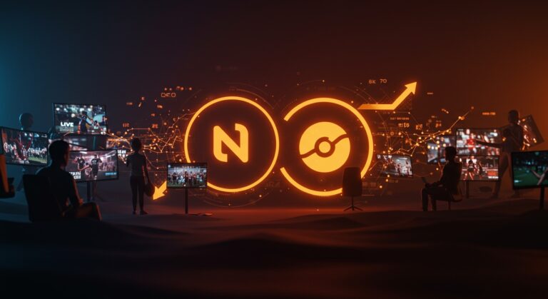 Fusión de Fubo con Hulu Live TV simbolizada por orbes luminosos entrelazados en un entorno digital de streaming y deportes, destacando la innovación y la estrategia de mercado.