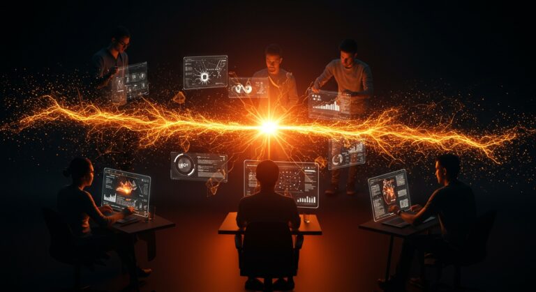 Grupo de fundadores de startups colaborando en aceleradora de tecnología e inteligencia artificial con inversión y financiamiento.