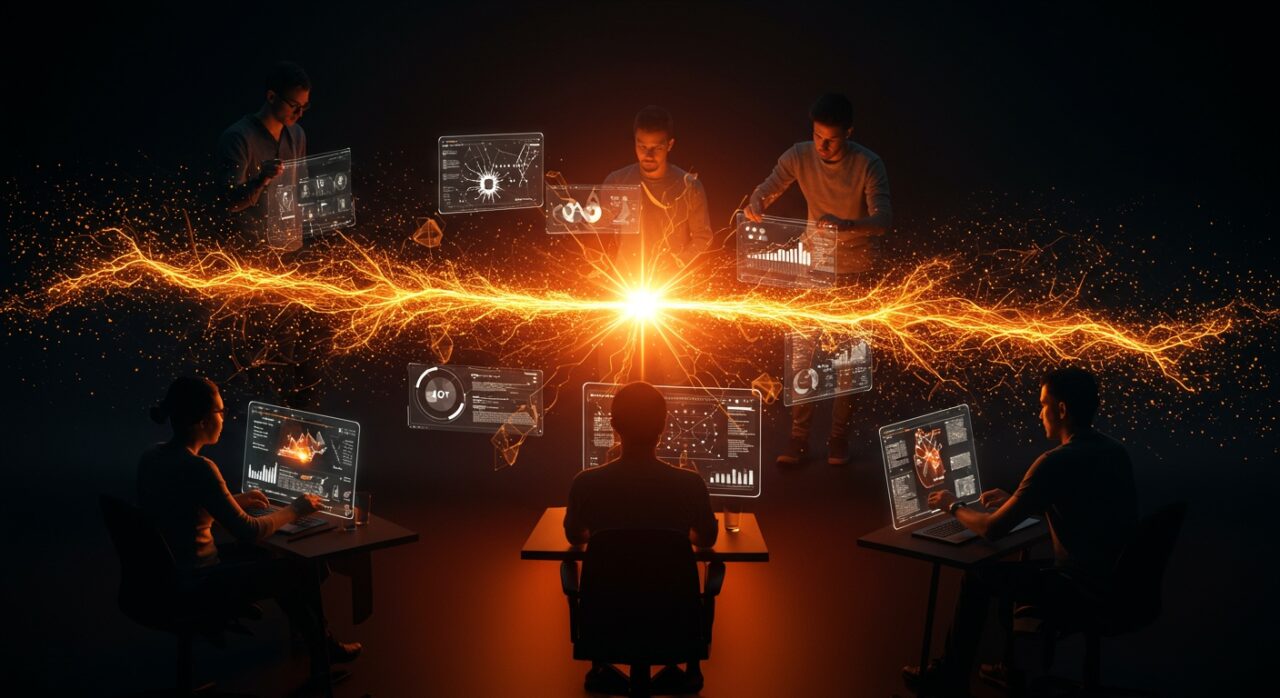 Grupo de fundadores de startups colaborando en aceleradora de tecnología e inteligencia artificial con inversión y financiamiento.