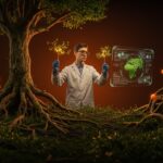 Imagen de geoingeniería natural que combina ecosistemas y tecnología para innovar en sostenibilidad y combatir el cambio climático.