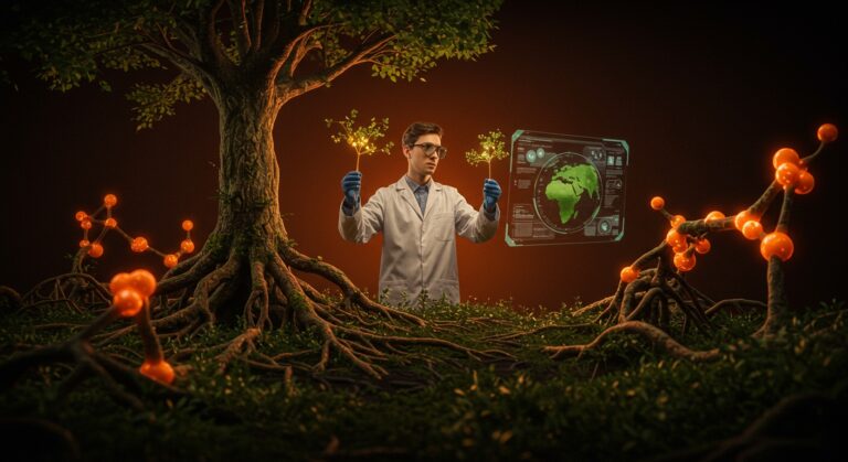 Imagen de geoingeniería natural que combina ecosistemas y tecnología para innovar en sostenibilidad y combatir el cambio climático.