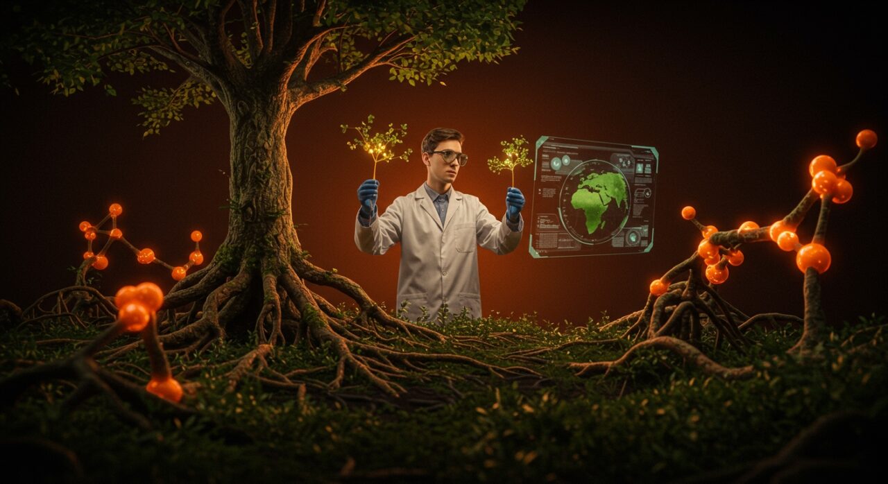 Imagen de geoingeniería natural que combina ecosistemas y tecnología para innovar en sostenibilidad y combatir el cambio climático.