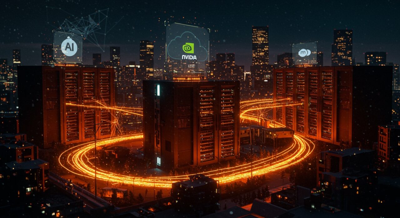 Inversiones récord en infraestructura IA con gigantes tecnológicos Nvidia, OpenAI y Meta representadas en centros de datos futuristas iluminados en naranja y negro.