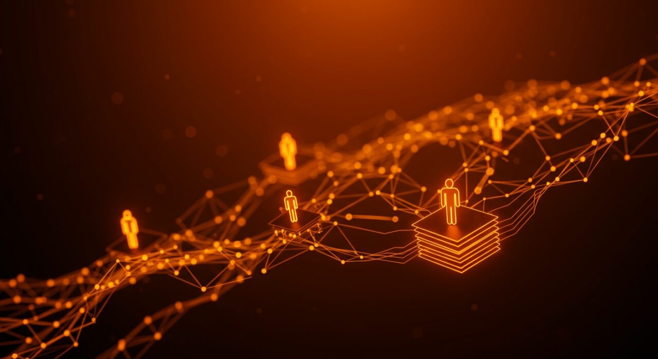 Ilustración conceptual de programación concurrente y sistemas distribuidos con actores mostrando la resiliencia y escalabilidad de Gleam OTP y Erlang.