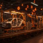 Fábrica de vehículos eléctricos de GM con líneas de ensamblaje detenidas, simbolizando recortes laborales y desaceleración en la industria de baterías y movilidad.