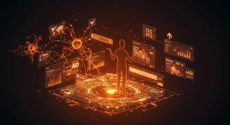 Interfaz digital avanzada con inteligencia artificial en Google Search y Discover mostrando anuncios colapsables y personalización para publicidad digital.