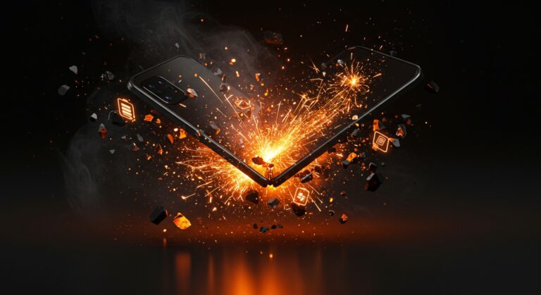 Explosión del Google Pixel 10 Pro Fold durante prueba de durabilidad destacando fallo de batería y diseño tecnológico plegable.