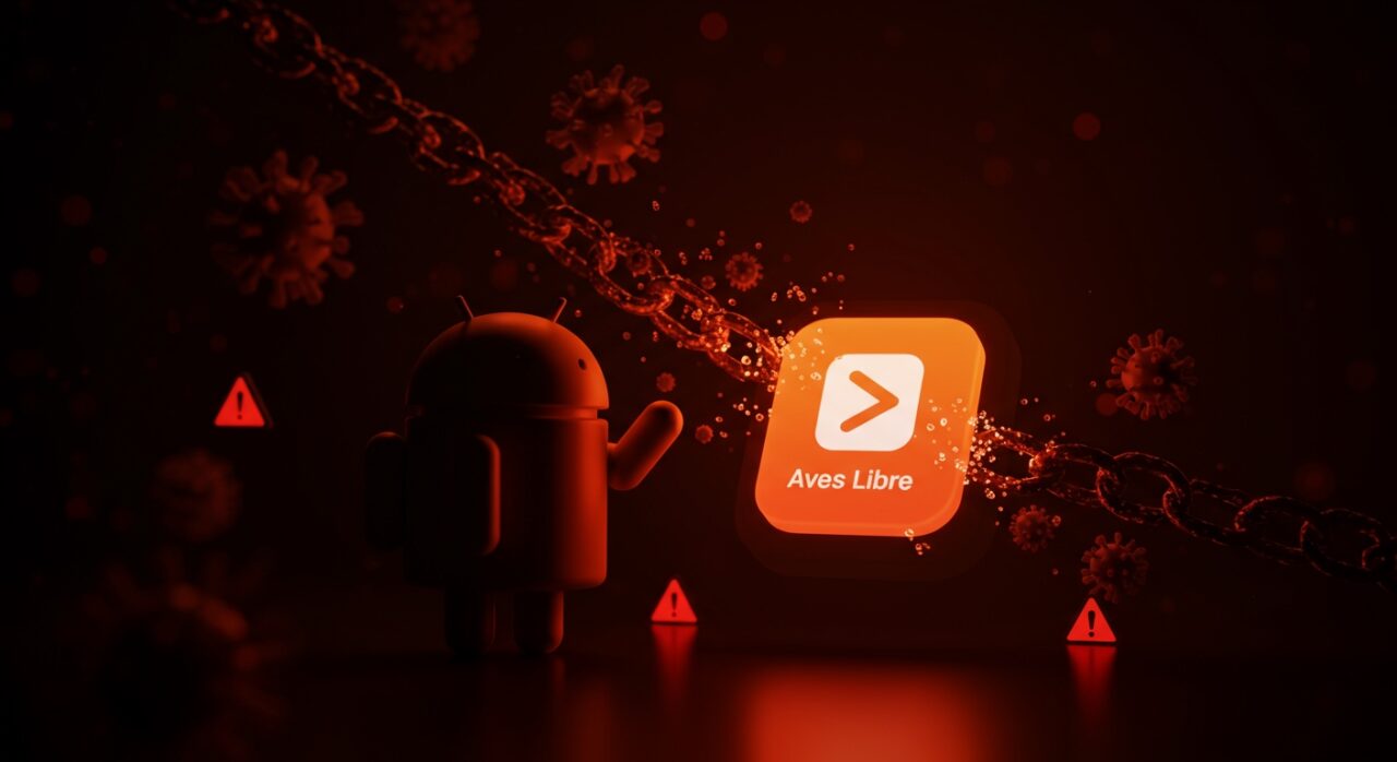 Mascota de Android inspeccionando la app Aves Libre marcada erróneamente como malware, representando desafíos de seguridad en la distribución de apps Android.