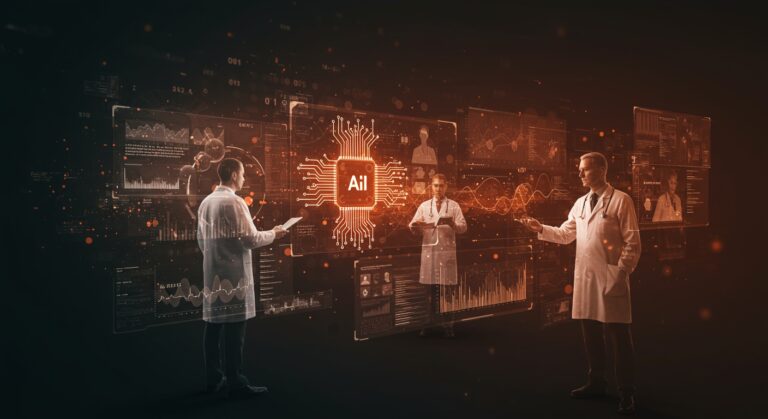 Visualización editorial que representa la evaluación automatizada de residencias médicas con IA aplicada y GPT-5 en un entorno tecnológico avanzado.