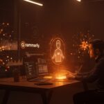 Imagen editorial de un profesional interactuando con asistente de IA, destacando la renovación de Grammarly a Superhuman y la productividad impulsada por inteligencia artificial.