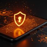 Smartphone con icono de privacidad brillante representando GrapheneOS y la expansión de la seguridad móvil privada en dispositivos Android.