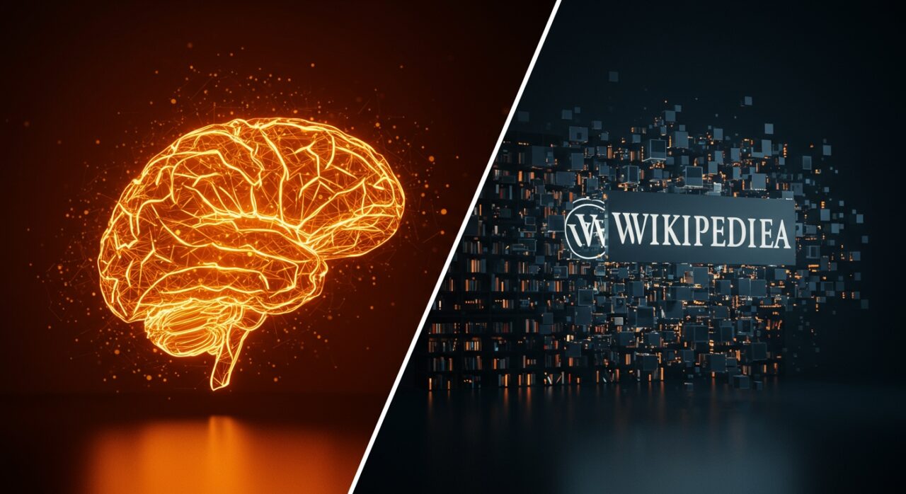 Comparación visual entre Grokipedia y Wikipedia destacando diferencias en IA aplicada y precisión en la información.