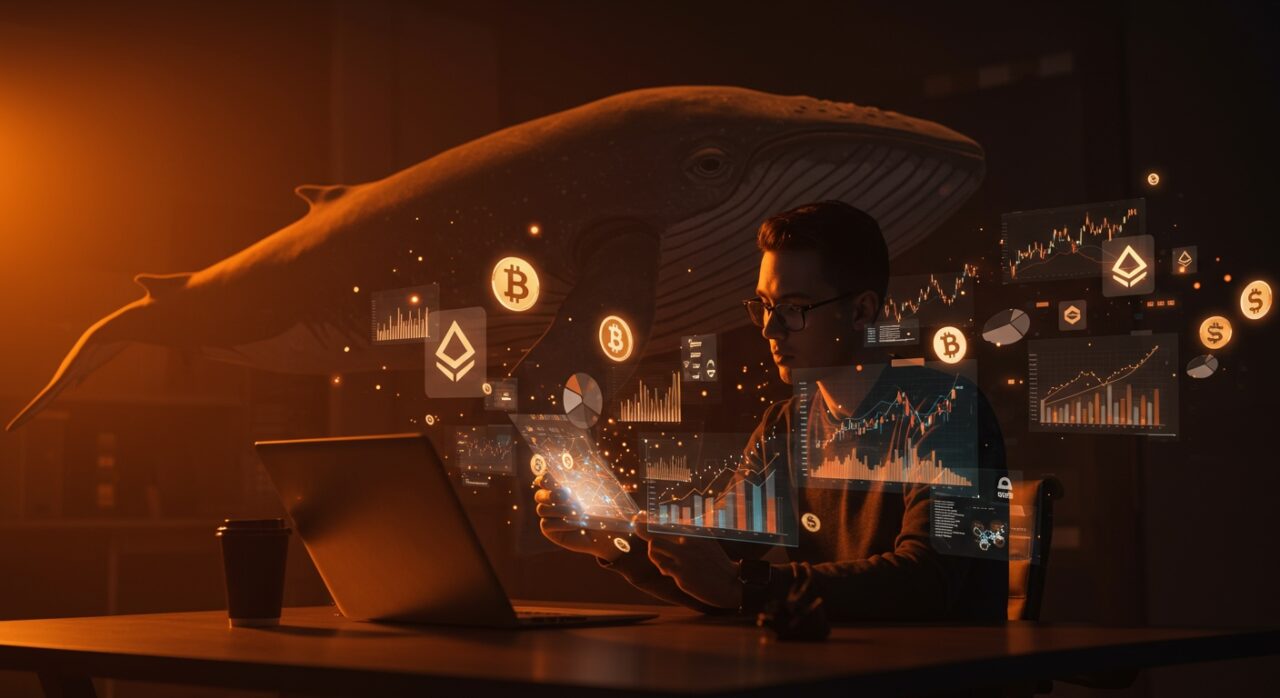 Startup cripto analizando el mercado bajo la influencia de ballenas digitales en un entorno moderno naranja y negro, ilustrando gestión de riesgos y tendencias fintech 2025.