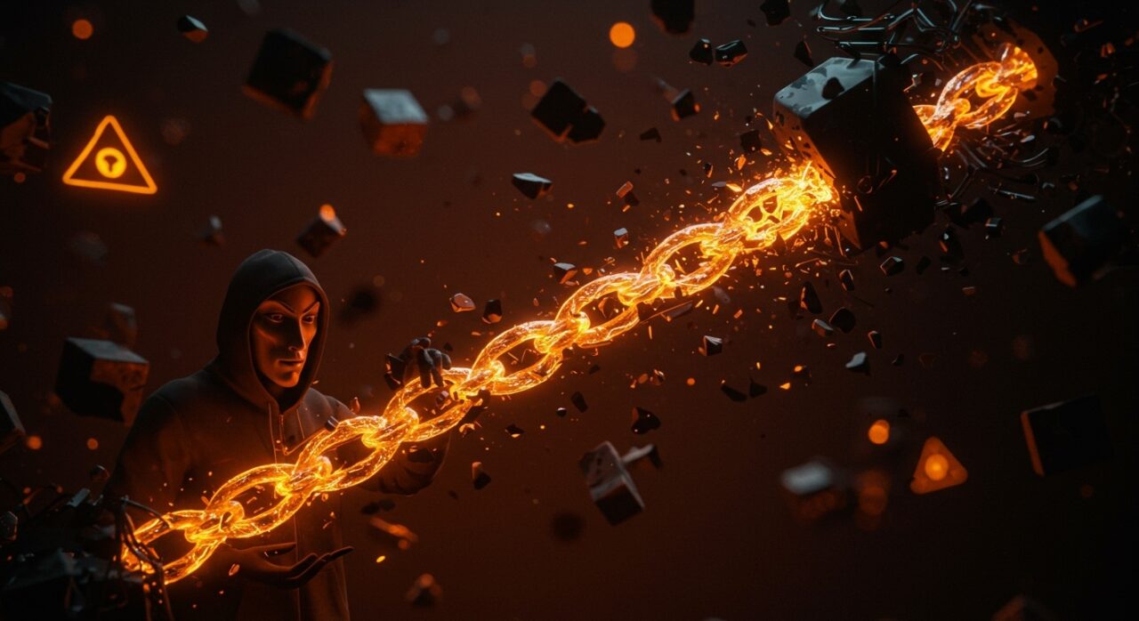 Intrusión de hackers estatales en red de telecomunicaciones de Ribbon Communications representada con cadenas digitales rotas y flujos de datos en tonos naranja y negro.