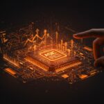 Diseño open-source de hardware ASIC iluminado en tonos naranja y negro, representando herramientas y tecnología de hardware abierto para startups y desarrolladores.