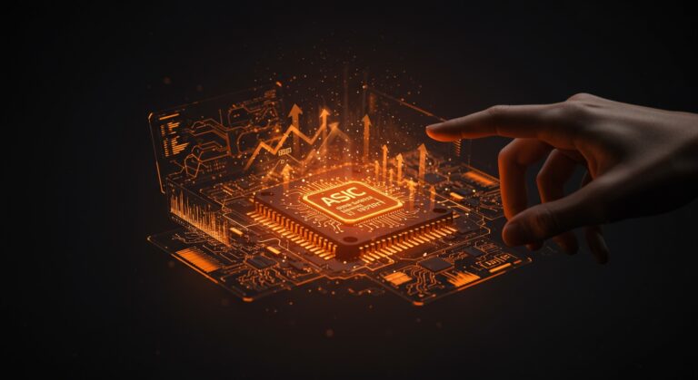 Diseño open-source de hardware ASIC iluminado en tonos naranja y negro, representando herramientas y tecnología de hardware abierto para startups y desarrolladores.