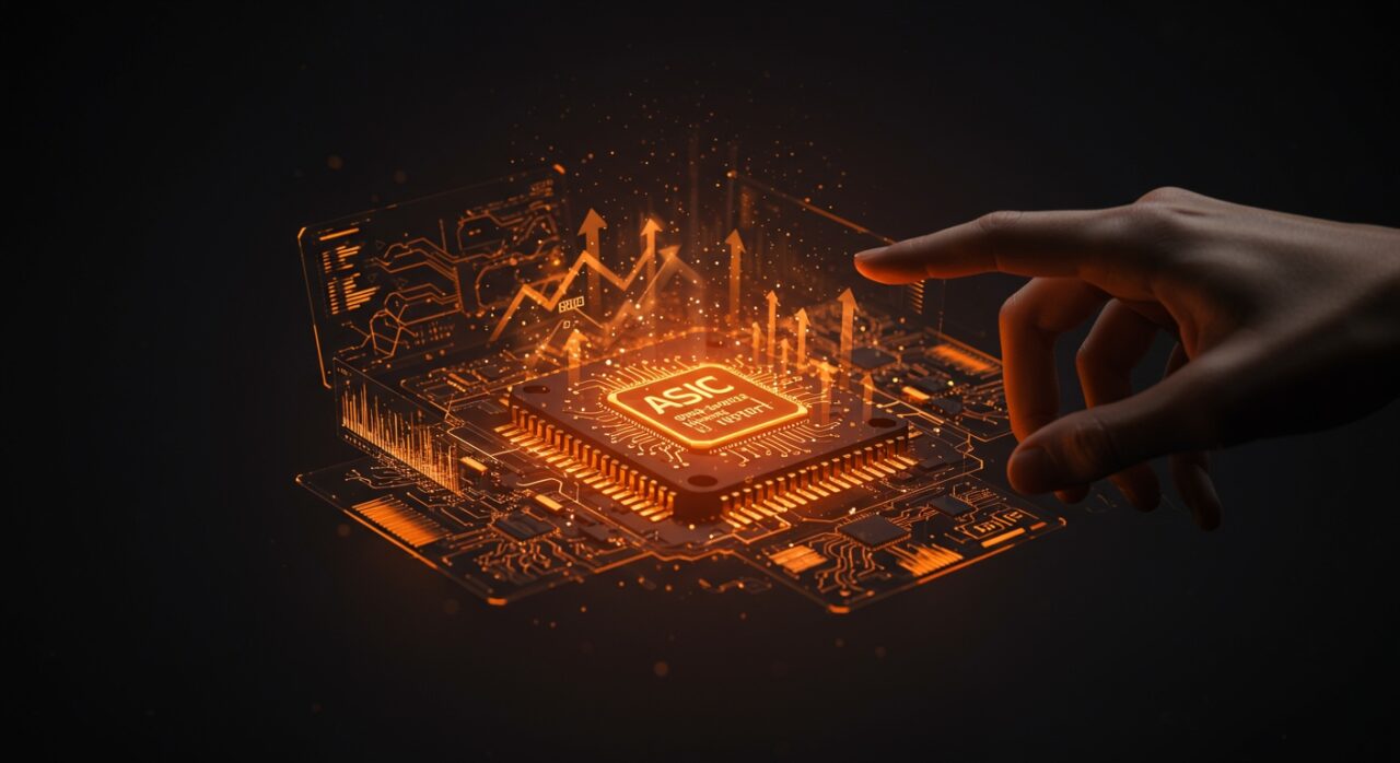 Diseño open-source de hardware ASIC iluminado en tonos naranja y negro, representando herramientas y tecnología de hardware abierto para startups y desarrolladores.