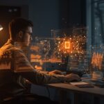 Desarrollador full-stack trabajando con interfaces digitales y visuales de inteligencia artificial en el sector de salud, en un entorno startup innovador.