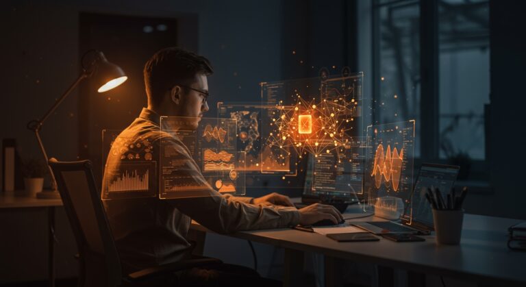 Desarrollador full-stack trabajando con interfaces digitales y visuales de inteligencia artificial en el sector de salud, en un entorno startup innovador.