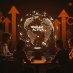 Equipo de startup colaborando con un globo digital y símbolos de sostenibilidad, representando la internacionalización e innovación de Huella Activa.