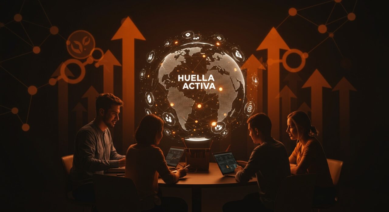Equipo de startup colaborando con un globo digital y símbolos de sostenibilidad, representando la internacionalización e innovación de Huella Activa.