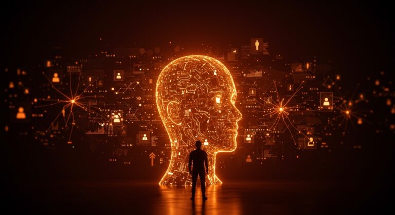 Humano frente a una interfaz digital de inteligencia artificial representando los riesgos humanos en el desarrollo ético de la tecnología.