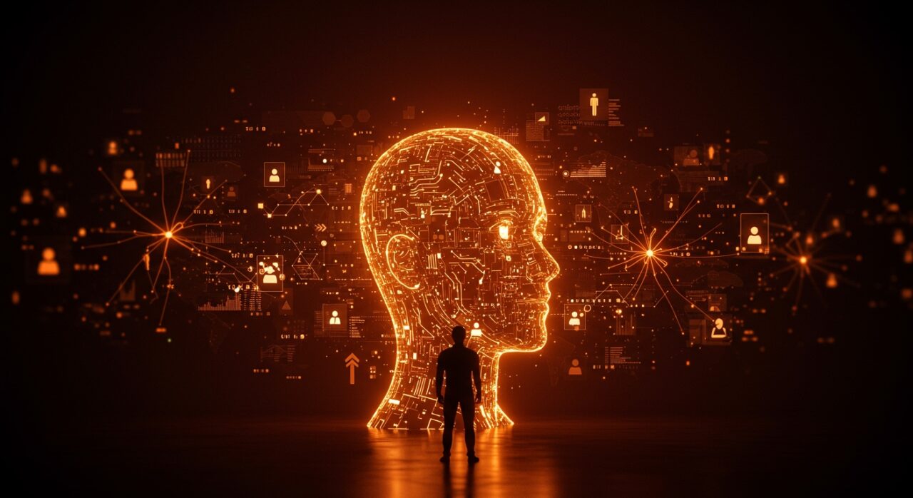 Humano frente a una interfaz digital de inteligencia artificial representando los riesgos humanos en el desarrollo ético de la tecnología.