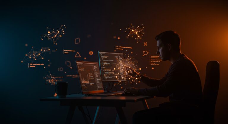 Programador trabajando con integración de inteligencia artificial que transforma la satisfacción y desarrollo software en 2025.