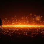 Emprendedor frente a un horizonte digital representando IA y Web3 para startups en 2025, con metáforas de blockchain, inteligencia artificial e innovación tecnológica.