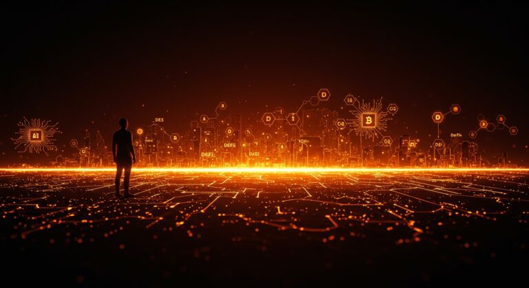 Emprendedor frente a un horizonte digital representando IA y Web3 para startups en 2025, con metáforas de blockchain, inteligencia artificial e innovación tecnológica.