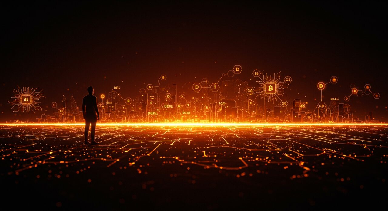 Emprendedor frente a un horizonte digital representando IA y Web3 para startups en 2025, con metáforas de blockchain, inteligencia artificial e innovación tecnológica.