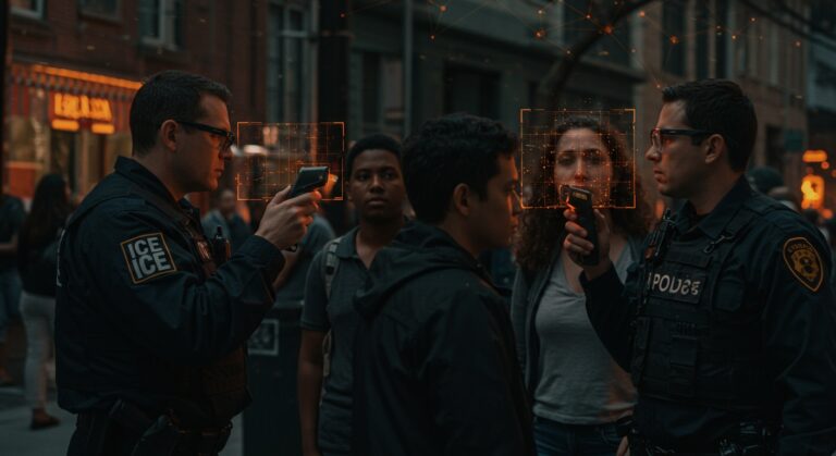 Agentes de ICE y CBP utilizando reconocimiento facial público para vigilancia biométrica y verificación de ciudadanía con enfoque en privacidad y derechos civiles.
