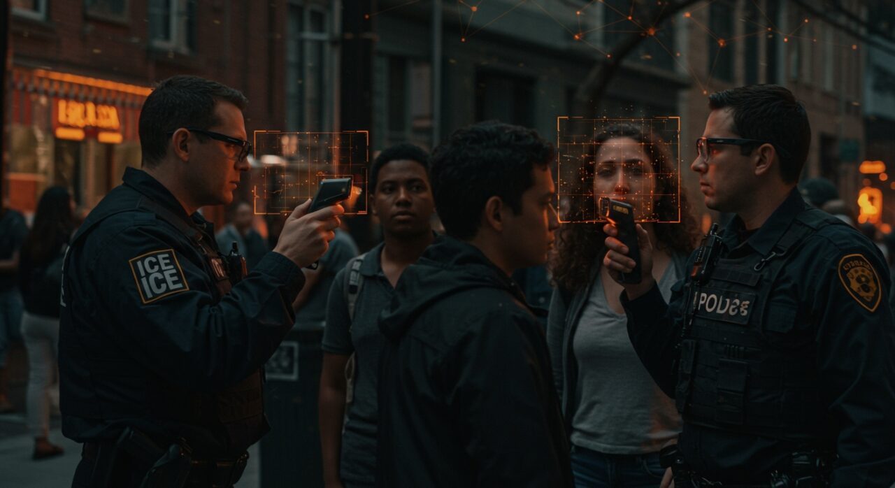 Agentes de ICE y CBP utilizando reconocimiento facial público para vigilancia biométrica y verificación de ciudadanía con enfoque en privacidad y derechos civiles.