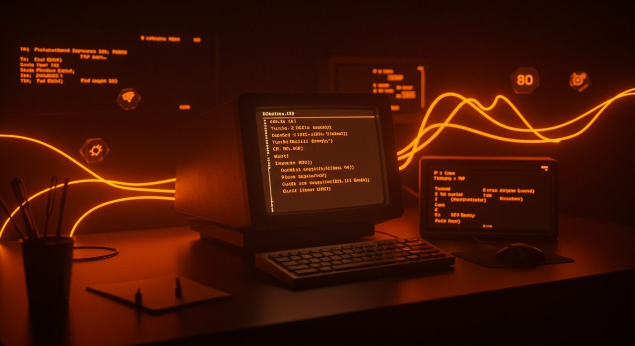 Entorno de desarrollo clásico con IDEs de hace 30 años como Turbo C++ y QuickBASIC, destacando la eficiencia y simplicidad en el desarrollo de software legacy en modo texto.