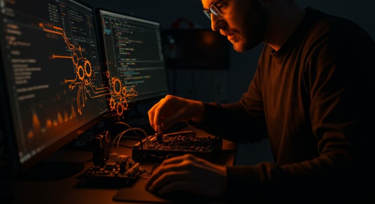 Experimentación práctica en tecnología mostrando a un fundador tech interactuando con componentes y código, destacando la cultura de innovación y aprendizaje en programación.