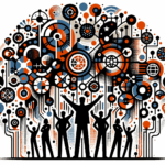 Imagen editorial que representa colaboración y convocatoria en startups tecnológicas usando colores naranja y negro del Ecosistema Startup