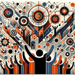 Imagen editorial que representa convocatorias y colaboración en startups con paleta Ecosistema Startup naranja y negro