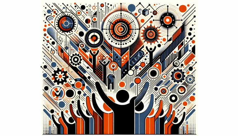 Imagen editorial que representa convocatorias y colaboración en startups con paleta Ecosistema Startup naranja y negro