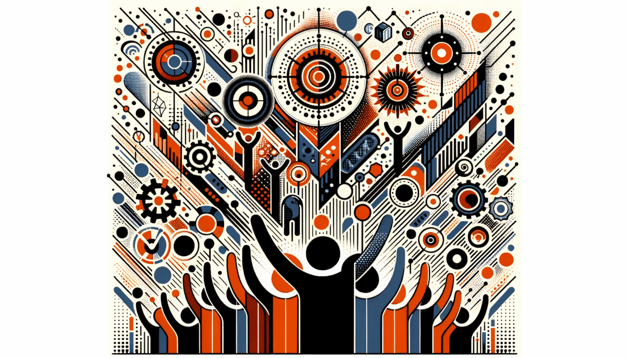 Imagen editorial que representa convocatorias y colaboración en startups con paleta Ecosistema Startup naranja y negro