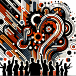 Imagen editorial con siluetas colaborando y manos alzadas representando convocatoria y comunidad en startups, usando paleta naranja y negro Ecosistema Startup