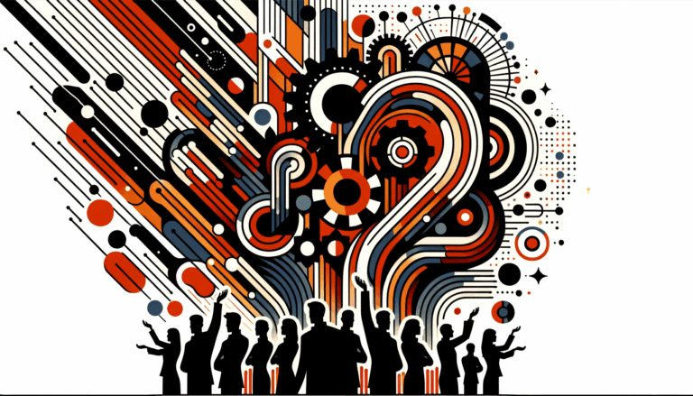 Imagen editorial con siluetas colaborando y manos alzadas representando convocatoria y comunidad en startups, usando paleta naranja y negro Ecosistema Startup