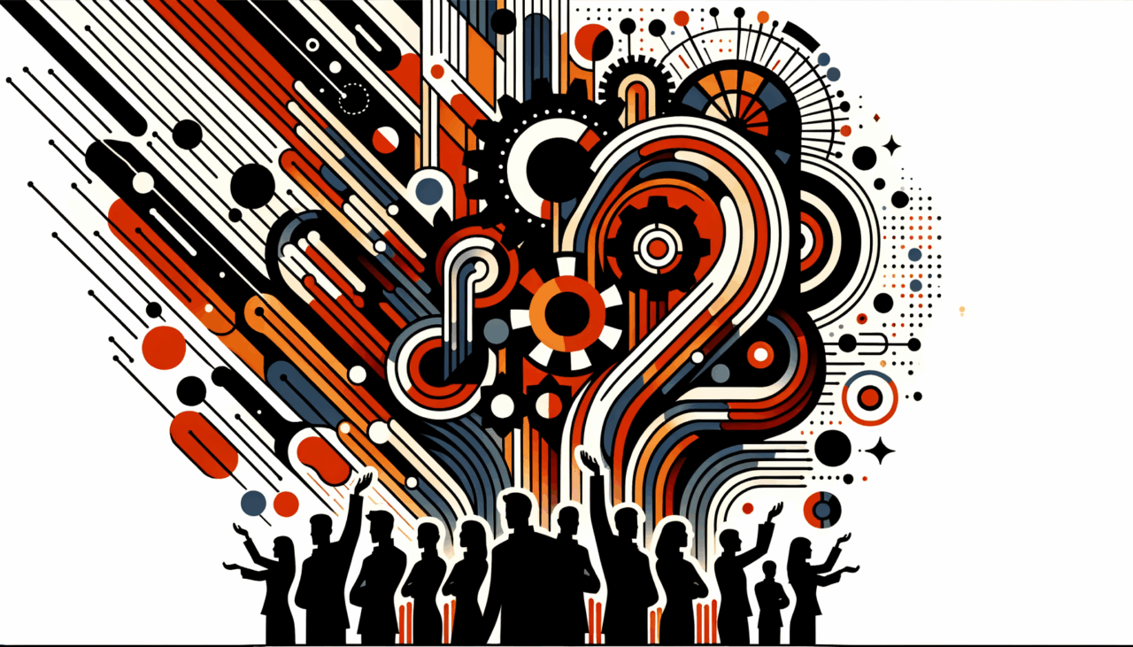 Imagen editorial con siluetas colaborando y manos alzadas representando convocatoria y comunidad en startups, usando paleta naranja y negro Ecosistema Startup