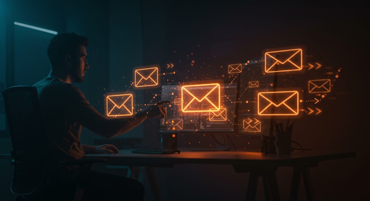 Sincronización rápida y eficiente de correo IMAP en tiempo real con ImapGoose para startups, representado en un entorno tecnológico avanzado y moderno.