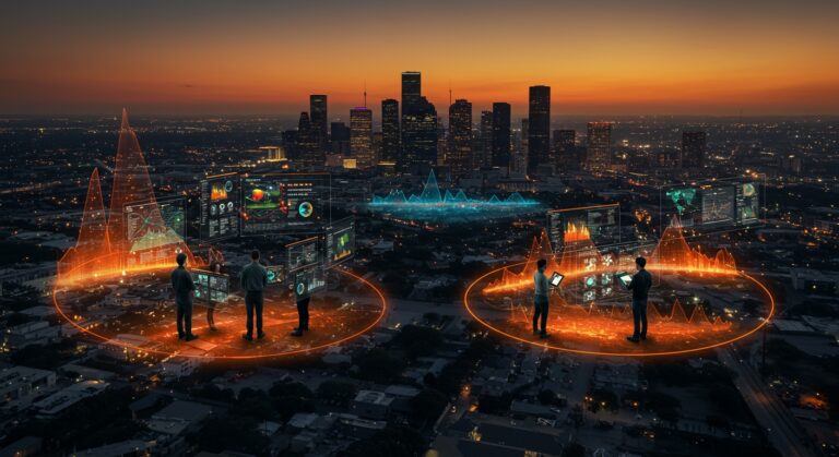 Impacto del calor urbano en Houston mostrado con islas de calor y tecnología ambiental para sostenibilidad urbana.