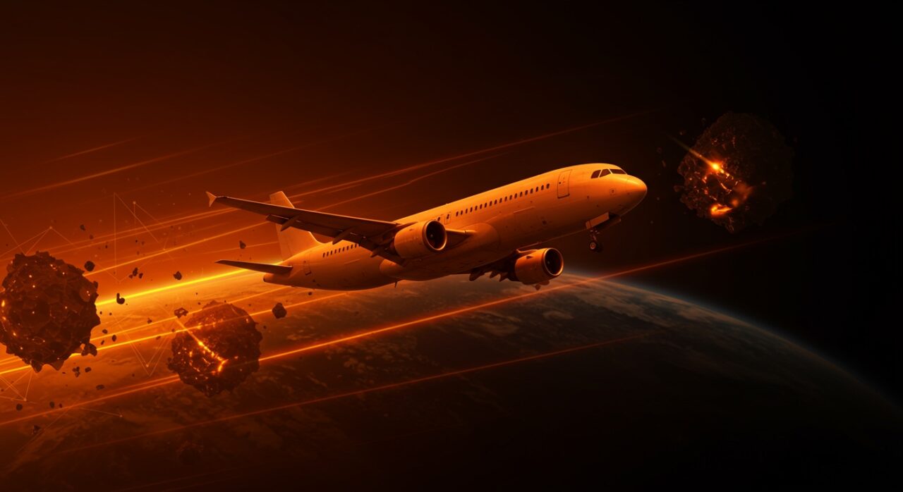 Vuelo de United Airlines afectado por escombros espaciales, destacando innovación tecnológica y gestión de riesgos en aviación comercial.