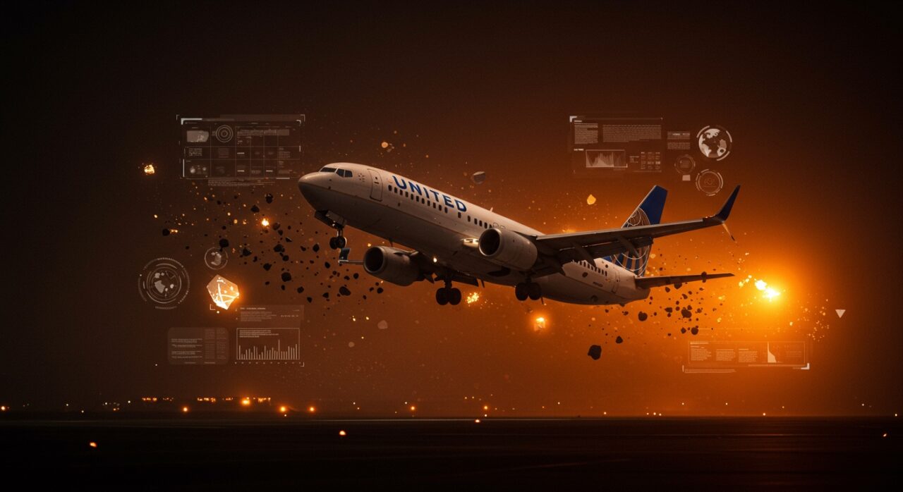 Boeing 737 de United Airlines realizando un aterrizaje de emergencia tras impacto de escombros espaciales, ilustración sobre seguridad y gestión de riesgos en aviación comercial.