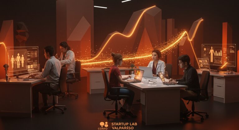 Equipo colaborativo en Startup Lab Valparaíso impulsando innovación y funding tecnológico con apoyo de Corfo en el Distrito V21.