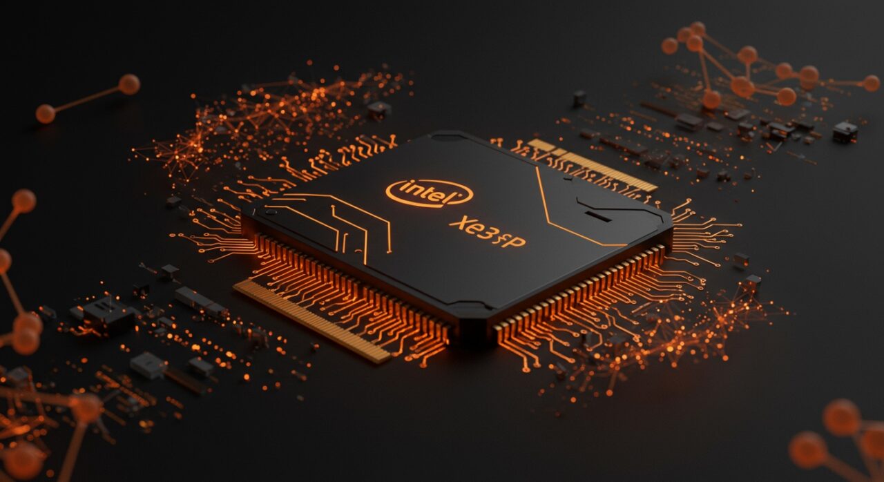 GPU Intel Xe3P con 160GB VRAM optimizada para inferencia IA en entorno tecnológico empresarial.
