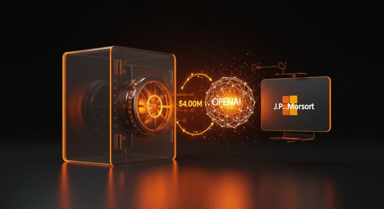 Préstamo inusual de J.P. Morgan a OpenAI con la participación de Microsoft representado por redes neuronales y flujos de energía en colores naranja y negro.