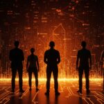 Inversiones en infraestructura IA con líderes tecnológicos frente a centros de datos futuristas en paleta naranja y negro.